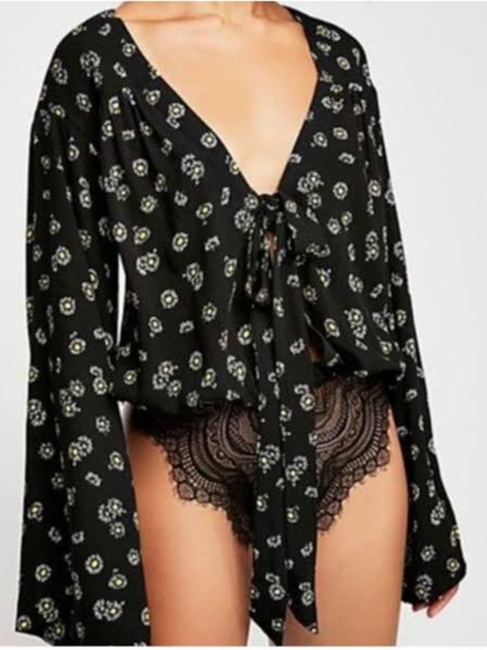 Free People Black Daisy Lace Bodysuit Flutter Sleeve - Size Medium